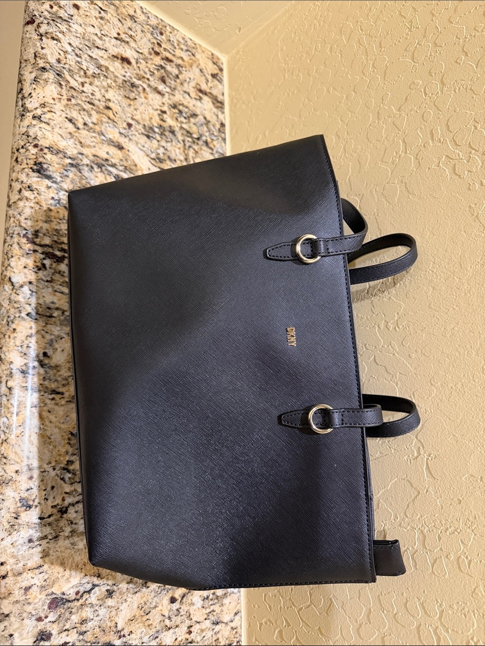 DKNY Black Leather Tote with Gold Hardware